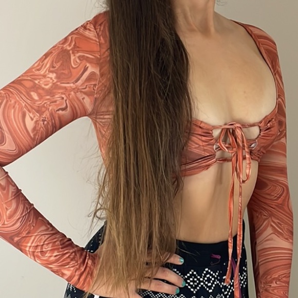 4/$24🦩 SHEIN Sienna Swirl Long Sleeve Lace-up Tie-front Shirt - Picture 11 of 13